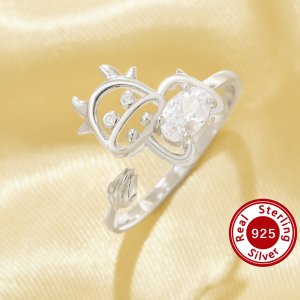 Cute Cow Simulated Diamond Ring With 4x6MM Oval White Cubic Zirconia,Solid 925 Sterling Silver Ring,Adjustable Animal Deco Oval Ring 6220342