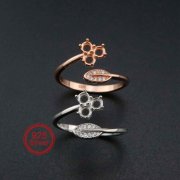 1Pcs 3MM Round 3 Stones Flower Leaf Rose Gold Plated Solid 925 Sterling Silver Adjustable Prong Ring Settings Blank for Gemstone 1210070