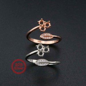 1Pcs 3MM Round 3 Stones Flower Leaf Rose Gold Plated Solid 925 Sterling Silver Adjustable Prong Ring Settings Blank for Gemstone 1210070