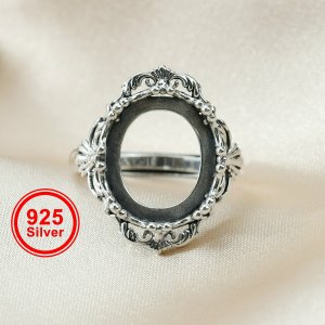 12x14MM Oval Ring Settings Art Deco Vintage Style Antiqued Solid 925 Sterling Silver Adjustable Ring Bezel 1222050