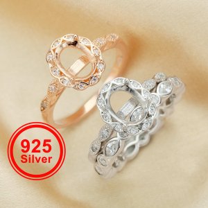 6x8MM Oval Prong Ring Settings,Art Deco Stacker Ring Band,Flower Stackable Solid 925 Sterling Silver Rose Gold Plated Ring,DIY Ring Set 1294558