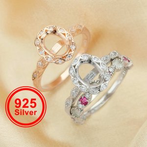 6x8MM Oval Prong Ring Settings,Birthstone Stacker Ring Band,Flower Stackable Solid 925 Sterling Silver Rose Gold Plated Ring,DIY Ring Set 1294557