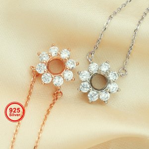 6MM Round Prong Pendant Settings,Sun Flower Solid 925 Sterling Sliver Rose Necklace,Pave CZ Stone Pendant,DIY Jewelry With Necklace Chain 16\'\'+2\'\' 1431199