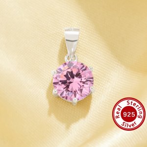 Minimalist Solitaire Round Pendant With 8MM Pink Cubic Zirconia,Solid 925 Sterling Silver Pendant Charm,Simple Round Pendant Charm 6110178
