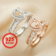 6x8MM Halo Pear Prong Ring Settings,Stackable Solid 925 Sterling Silver Ring,Rose Gold Plated Art Deco Stacker Ring Band,DIY Ring Set For Wedding 1294429