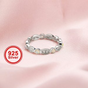 Dainty Natural Opal October Birthstone Stackable Ring Wedding Engagement Band Antiqued Marquise Eternity Ring Rose Gold Plated Solid 925 Sterling Silver with Moissanite Diamond 1294251