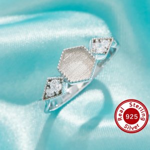 Keepsake Breast Milk Resin Hexagon Bezel Ring Settings,Solid 925 Sterling Silver Ring,Vintage Styles Ring,Art Deco Solid Back Ring,DIY Ring Supplies 1295052-1