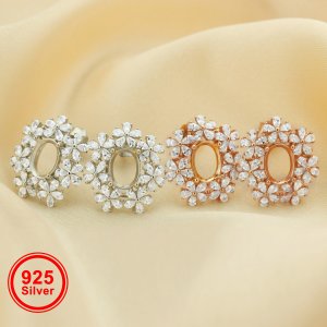 6x8MM Oval Prong Studs Earring Settings,Flower Solid 925 Sterling Silver Rose Gold Plated Earrings,Vintage Style Earrings,DIY Earrings Bezel 1706117