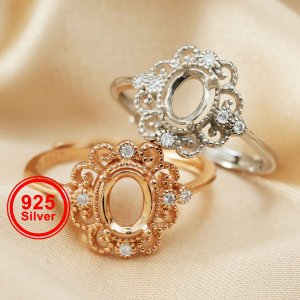 1Pcs Oval Ring Settings Adjustable for Gemstone Rose Gold Plated Solid 925 Sterling Silver DIY Bezel Tray Supplies 1224066