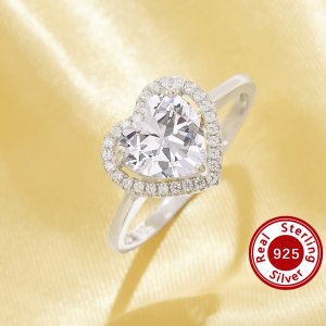 Halo Heart Simulated Diamond Ring With 8MM Heart White Cubic Zirconia,Solid 925 Sterling Silver Ring,Pave CZ Stone Heart Ring 6270065