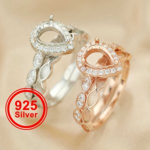 6x8MM Pear Prong Ring Settings Keepsake Breast Milk Resin Stackable Solid 925 Sterling Silver Rose Gold Plated Stacker Ring DIY Set 1294411