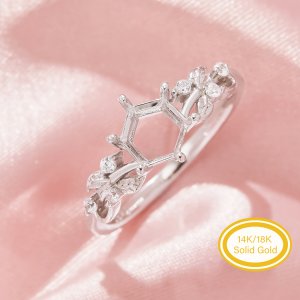 Hexagon Prong Ring Settings,Solid 14K 18K Gold Moissanite Ring,Tree Branch Leaf Moissanite Hexagon Ring,DIY Ring Supplies 1294982
