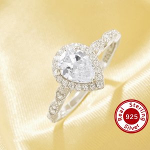 Halo Pear Simulated Diamond Ring With 6x8MM Pear White Cubic Zirconia,Solid 925 Sterling Silver Ring,Art Deco Pave CZ Stone Pear Ring 6230057