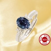 Oval Color Change Simulated Alexandrite Ring,Solid 925 Sterling Silver Ring,Simple Art Deco June Birthstone Adjustable Ring 6220337