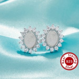 Keepsake Breast Milk Resin Halo Oval Bezel Studs Earrings Blank Settings,Sun Flower Solid 925 Sterling Silver Studs Earring,DIY Earrings Supplies 1706210-1