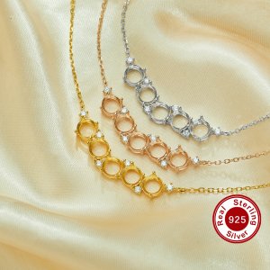 Five Stones 6MM Round Prong Pendant Necklace Settings,Solid 925 Sterling Silver Rose Gold Plated Necklace,Dainty CZ Stone Necklace 16\'\'+2\'\' 1411458