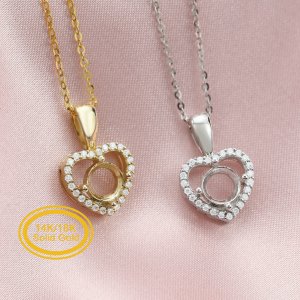 Keepsake Breast Milk Round Halo Heart Prong Pendant Settings Solid 14K Gold Necklace DIY Gemstone Bezel 1411293