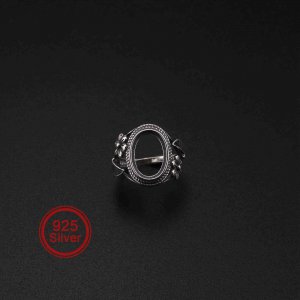 1Pcs 10x14MM Vintage Style Antiqued Solid 925 Sterling Silver Oval Bezel Flower Adjustable Ring Settings for Cabochon Stone 1223103