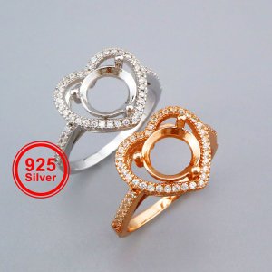 8MM Round Prong Ring Settings Heart Halo Rose Gold Plated Solid 925 Sterling Silver Set Size Ring Bezel 1210110