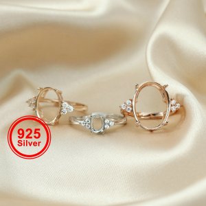 1Pcs Multiple Size Silver Oval Gems Cz Stone Prong Setting 925 Sterling Silver Bezel Tray DIY Adjustable Ring Settings 1224003