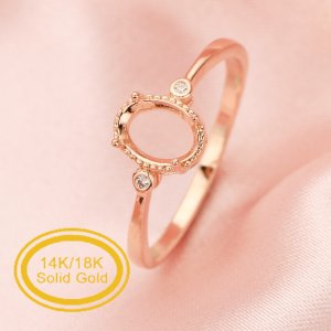 Oval Prong Ring Settings,Solid 14K 18K Gold Moissanite Ring,Round Halo CZ Stone Shank Ring,Keepsake Ring,DIY Ring Bezel For Gemstone 1225005