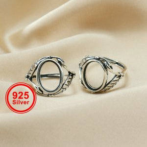 1Pcs 10X14MM Oval Bezel 925 Sterling Silver Antiqued Leaf Adjustable Ring Settings DIY Supplies 1223089