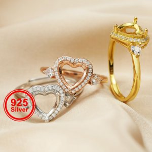 8MM Halo Heart Prong Ring Settings with Heart Side Stone Solid 925 Sterling Silver Rose Gold Plated Ring Bezel for Faceted Stone 1294321