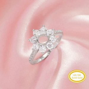Halo Round Prong Ring Settings,Flower Solid 14K 18K Gold Ring,Vintage Styles Round Moissanite Ring,DIY Ring Supplies For Gemstone 1212134