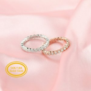 Dainty Moissanite Diamond April Birthstone Stackable Ring Wedding Engagement Full Band Antiqued Eternity Ring Solid 14K Gold 1294257