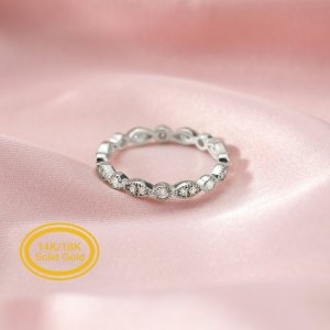 Dainty Moissanite Diamond April Birthstone Stackable Ring Wedding Engagement Full Band Antiqued Marquise Eternity Ring Solid 14K Gold 1294258