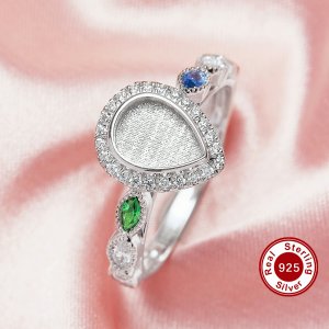 6x8MM Keepsake Breast Milk Resin Halo Pear Bezel Ring Settings,Solid Back 925 Sterling Silver Birthstone Ring,Pave CZ Stone Art Deco Ring,DIY Ring Supplies 1294714