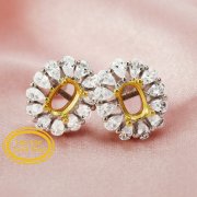 Halo Oval Prong Studs Earrings Settings Solid 14K Gold with Moissanite Accents DIY Bezel Tray 1702217-1