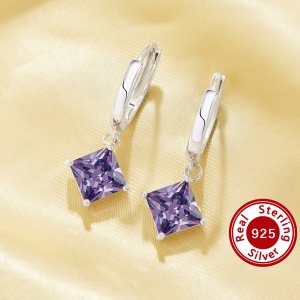 Minimalist Square Hoop Earring With 6MM Princess Cut Square Purple Cubic Zirconia,Solid 925 Sterling Silver Earrings,Simple Square Earrings 6340012