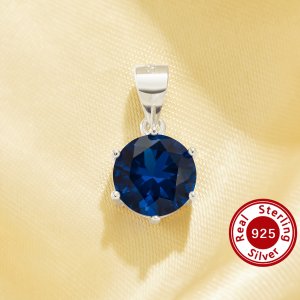 Minimalist Solitaire Round Pendant With 8MM Simulated Sapphire,Solid 925 Sterling Silver Pendant Charm,September Birthstone Round Pendant Charm 6110177