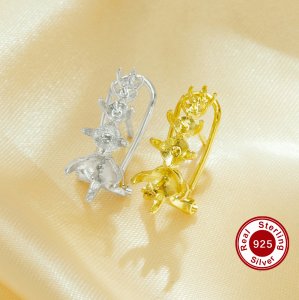 Five Stones Round Pin Hoops Earrings Settings for 2.5MM 3MM 3.5MM 4MM 5MM Half Drilled Pearl Bead,Solid 925 Sterling Silver Gold Plated Earrings,DIY Earrings Supplies 1706221
