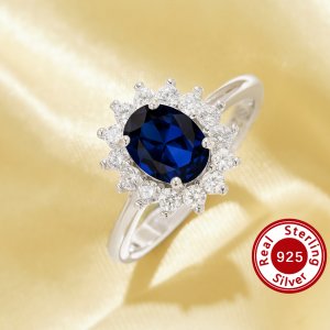 6x8MM Oval Simulated Sapphire Ring,Flower Solid 925 Sterling Silver Ring,September Birthstone Oval Ring 6220343