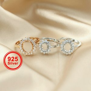 1Pcs Multiple Size Rose Gold Silver Oval Gems Cz Stone Prong Setting Solid 925 Sterling Silver Bezel Tray DIY Adjustable Ring Settings 1224004