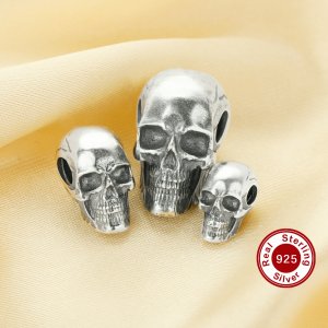Antiqued Silver Skull Bead,Vintage Solid 925 Sterling Silver Skull Pendant Charm,DIY Beading Supplies 1800575