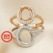 1Pcs Oval Prong Ring Settings Blank Adjustable Halo Pave CS Stone Rose Gold Plated Solid 925 Sterling Silver DIY Bezel for Gemstone 1224046