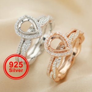 6x8MM Halo Pear Prong Ring Settings Ring,Stackable Solid 925 Sterling Silver Ring,Rose Gold Plated Art Deco Infinity Stacker Ring Band,DIY Ring Set 1294433