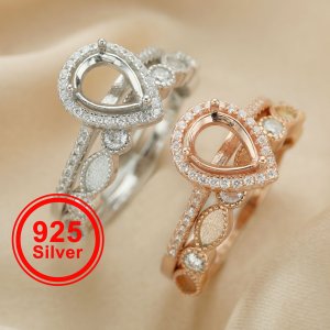 6x8MM Halo Pear Prong Ring Settings,Stackable Solid 925 Sterling Silver Ring,Rose Gold Plated Half Band 2x4MM Bezel Bithstone Stacker Ring 1294435