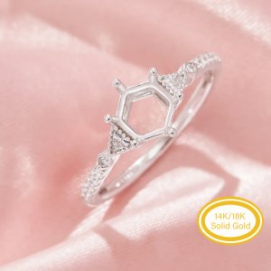 Halo Hexagon Prong Ring Settings,Solid Back 14K 18K Gold Moissanite Ring,Dainty Art Deco Ring,DIY Ring Supplies For Gemstone 1294974