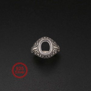 1Pcs 8x10MM Vintage Style Antiqued Solid 925 Sterling Silver Oval Bezel Adjustable Ring Settings for Cabochon Stone 1223107