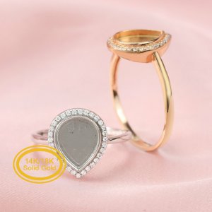 Keepsake Breast Milk Resin Pear Halo Ring Settings Solid 14K Gold Ring with 1MM Birthstone Diamond Moissanite Sapphire DIY Solid Back Ring Bezel Supplies 1294271