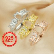 Oval Prong Ring Settings,Tree Branch Leaf Art Deco Solid 925 Sterling Silver Rose Gold Plated Ring,DIY Ring Blank For Gemstone 1224148