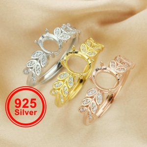 Oval Prong Ring Settings,Tree Branch Leaf Art Deco Solid 925 Sterling Silver Rose Gold Plated Ring,DIY Ring Blank For Gemstone 1224148