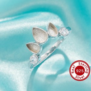 Three Stones Keepsake Breast Milk Resin Pear Bezel Ring Settings,Solid 925 Sterling Silver Ring,CZ Stone Art Deco Solid Back Ring,DIY Ring Supplies 1295041-1