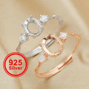 Three Stone Oval Prong Ring Settings,Solid 925 Sterling Silver Rose Gold Plated Ring,Art Deco Bezel Band Ring,DIY Supplies 1224141