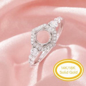 Halo Round Prong Ring Settings,Solid 9K 14K 18K Gold Ring,Moissanite Hexagon Ring,DIY Ring Supplies For Gemstone 1212123