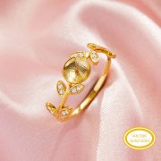 Round Pin Ring Settings For Half Drilled Pearl Bead,Solid 14K 18K Gold Ring For Half Drilled Beads,Tree Branch Leaf Ring,DIY Ring Supplies 1215104